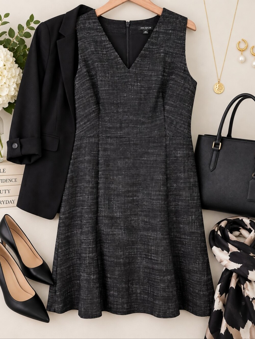 Ann Taylor Petite 16P Charcoal Gray Textured Fit & Flare Dress V-Neck